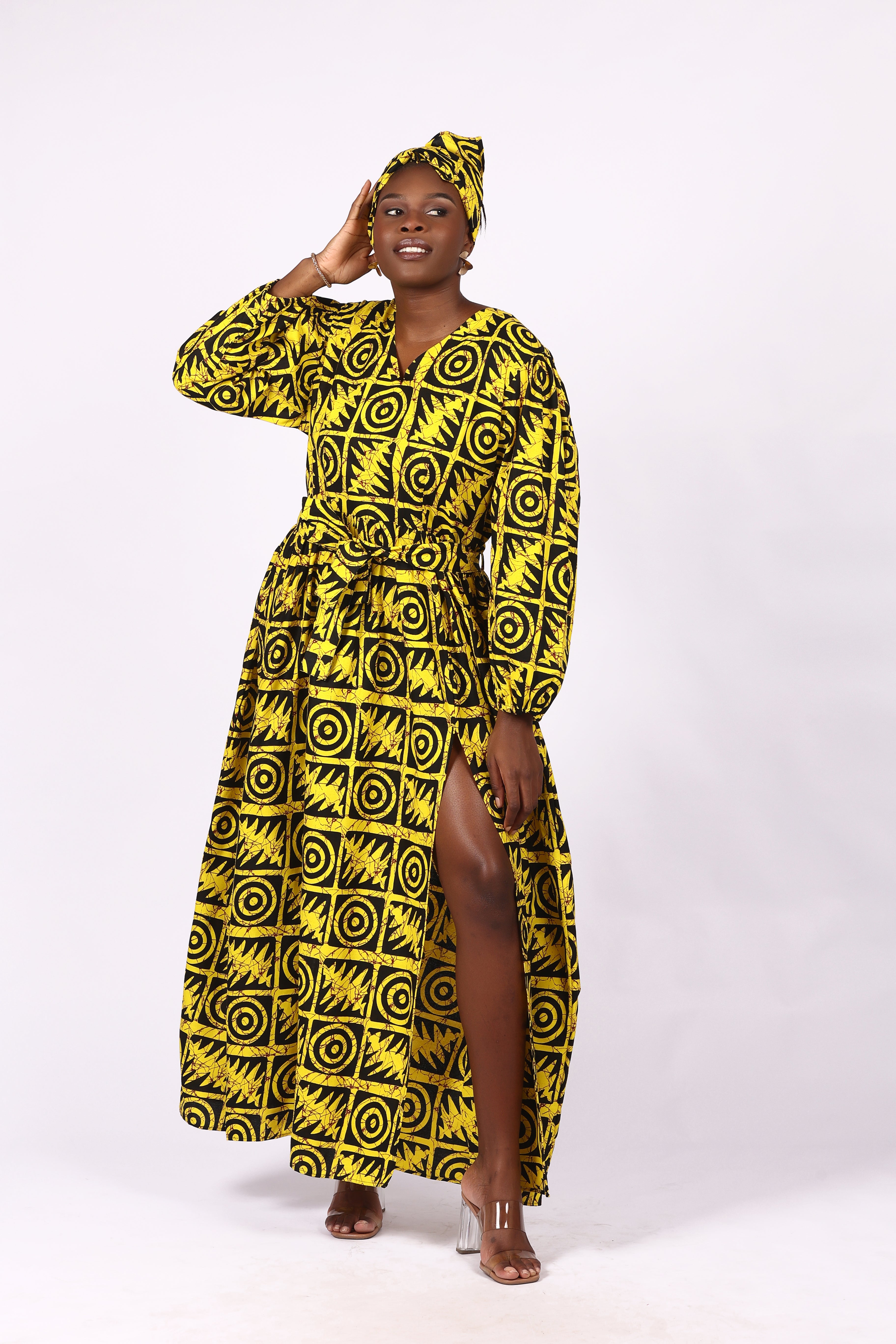 Maxi Dress with Slit abd back sizzper with belt and head wrap