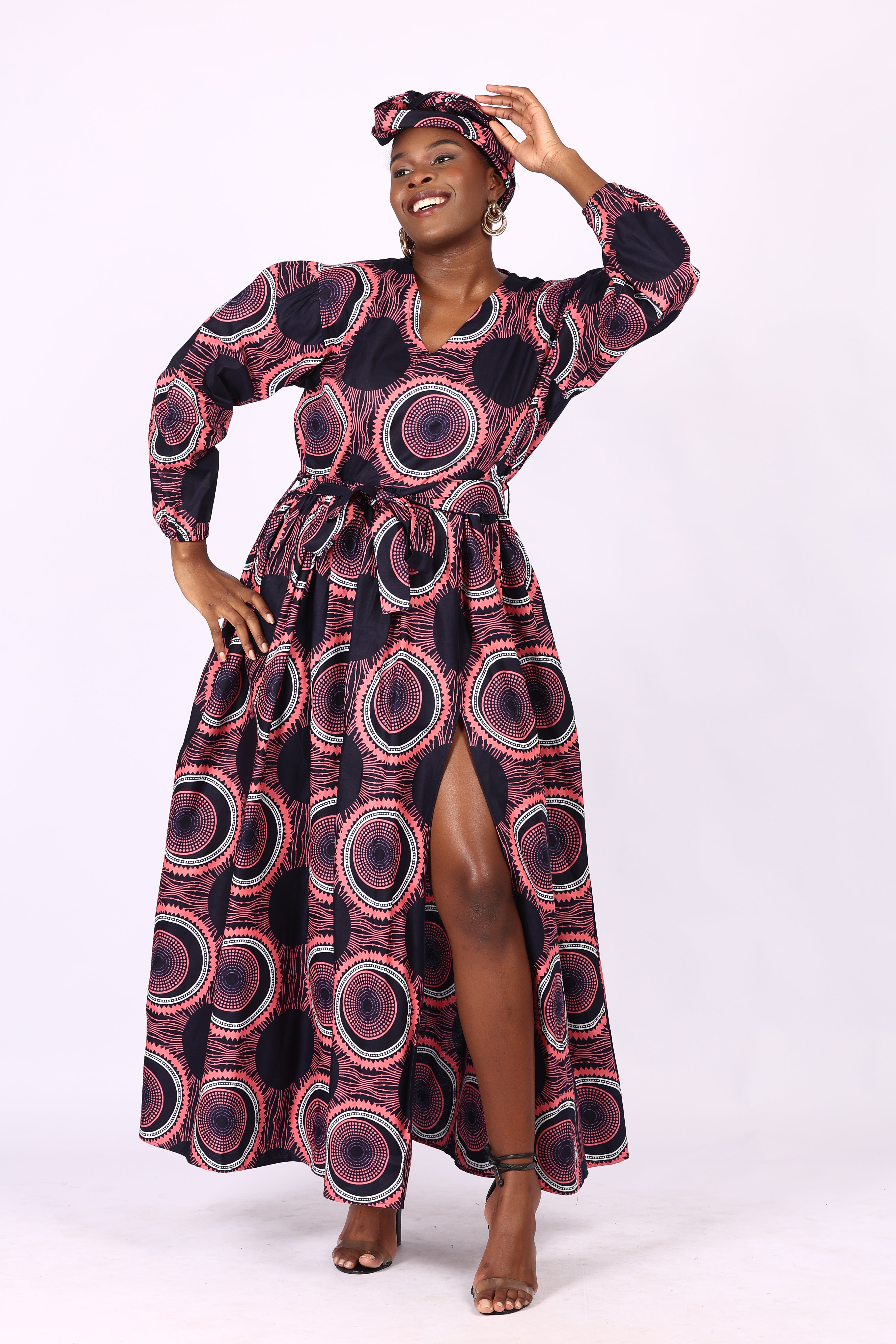 Maxi Dress with Slit abd back sizzper with belt and head wrap