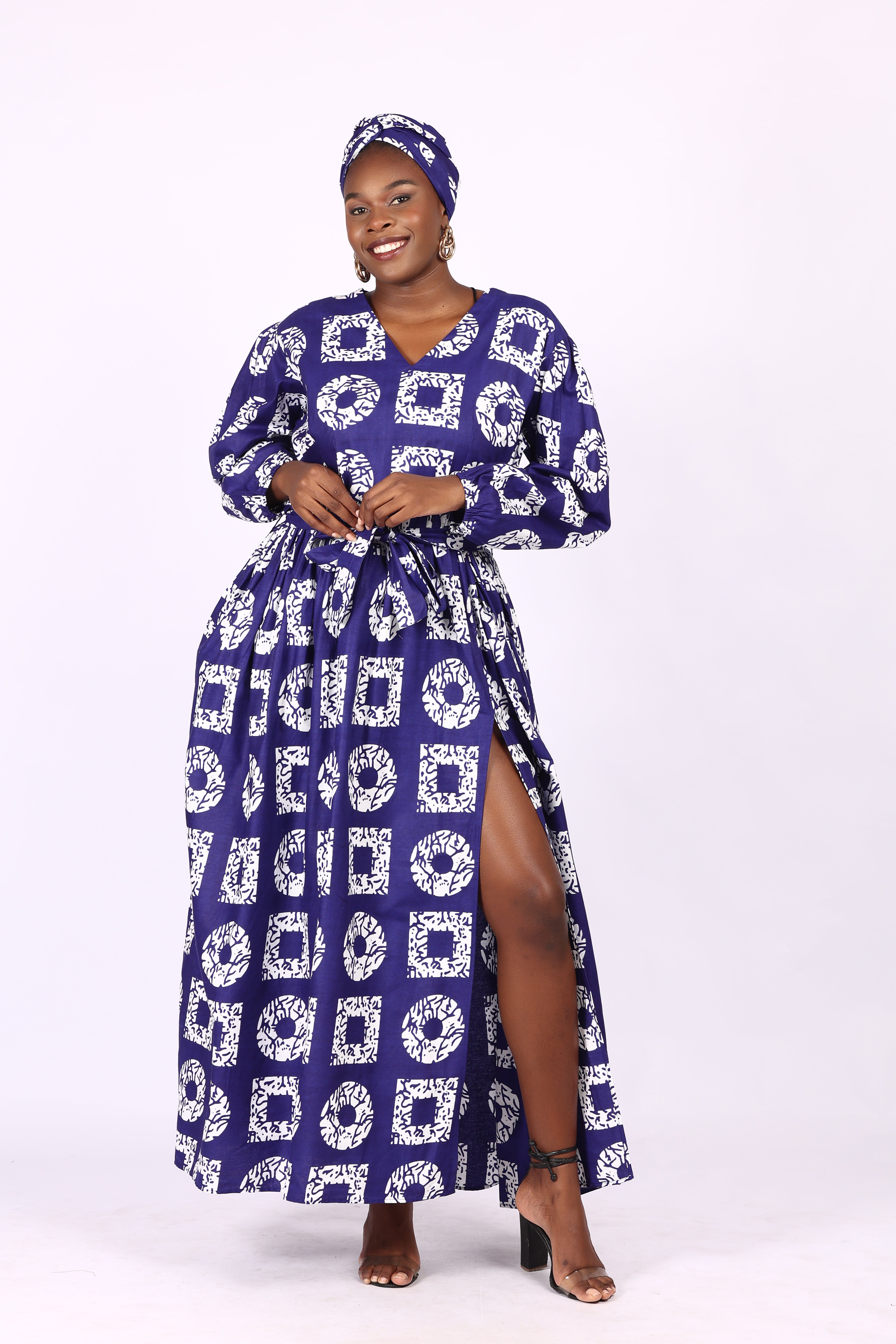 Maxi Dress with Slit abd back sizzper with belt and head wrap