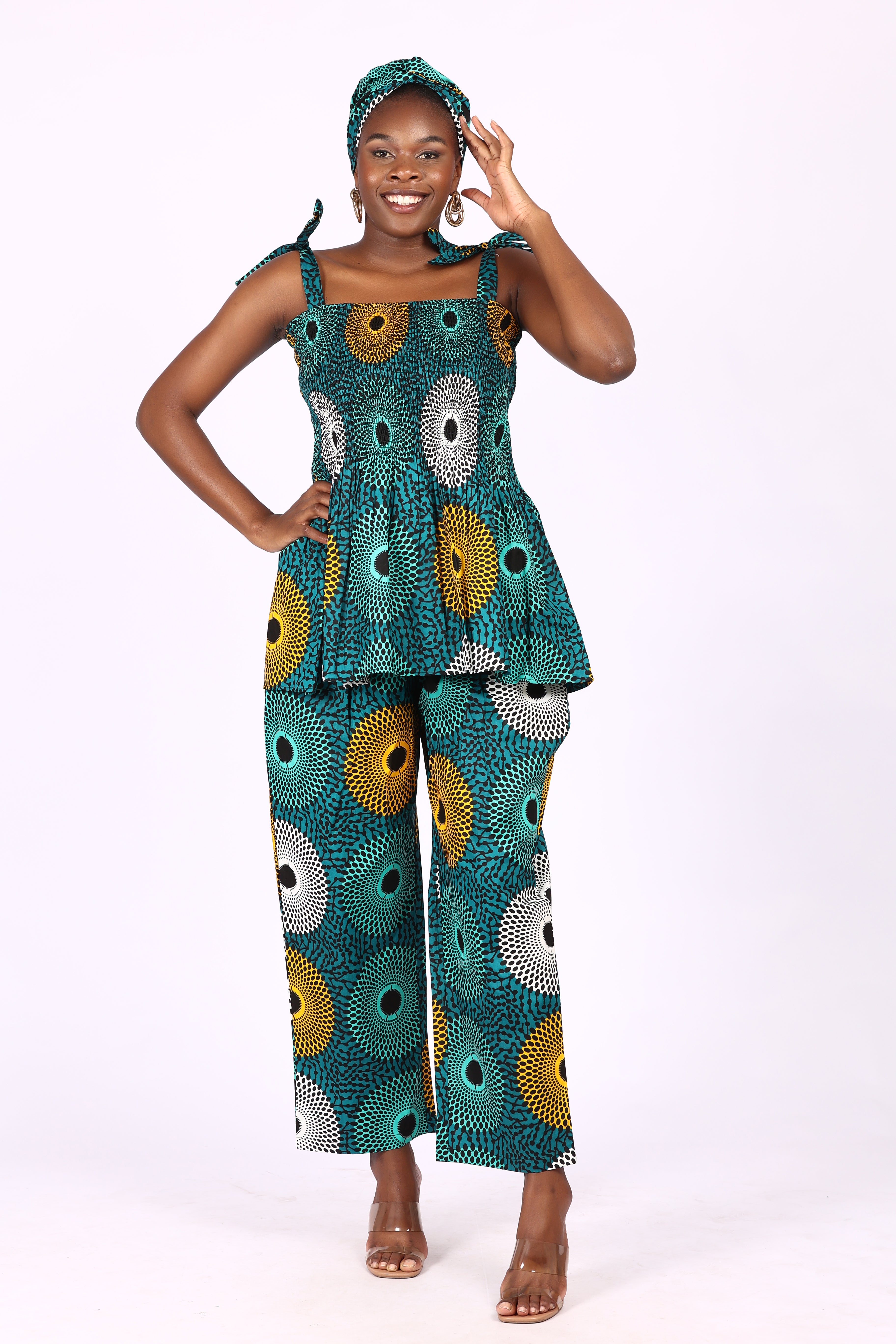 Sleeveless tie-strap peplum top  and pant set