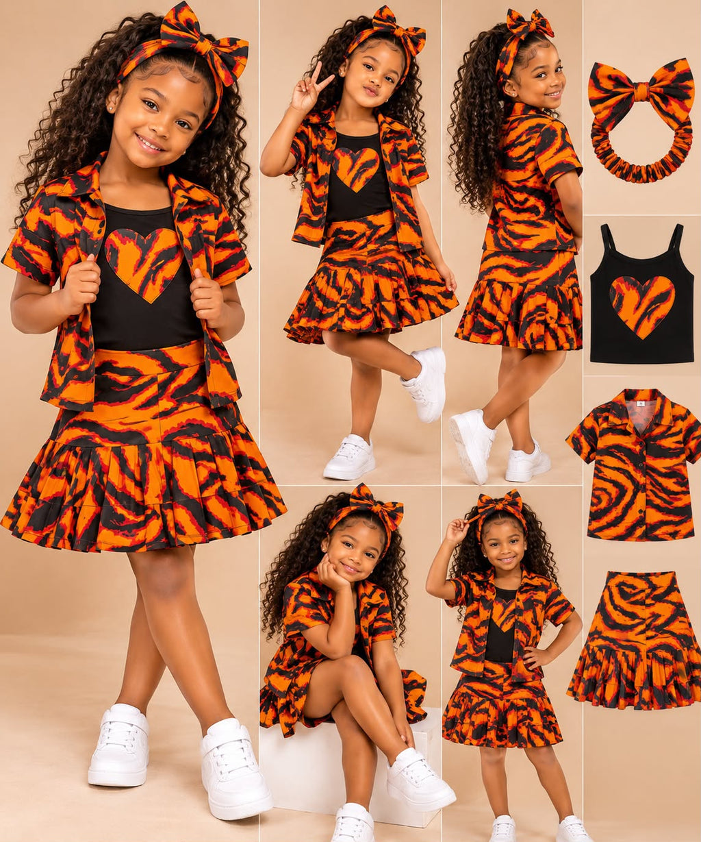 Girls' African Print 4-Piece Skirt Set – Matching Shirt, Heart Top & Bow Headband