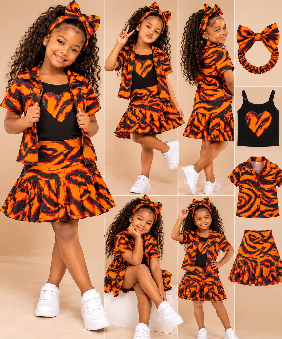 Girls' African Print 4-Piece Skirt Set – Matching Shirt, Heart Top & Bow Headband
