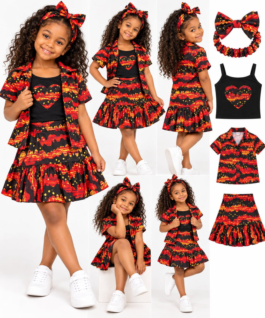 Girls' African Print 4-Piece Skirt Set – Matching Shirt, Heart Top & Bow Headband