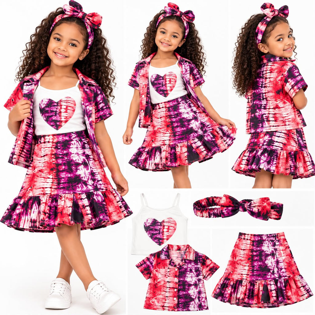 Girls' African Print 4-Piece Skirt Set – Matching Shirt, Heart Top & Bow Headband