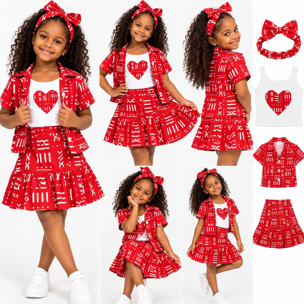 Girls' African Print 4-Piece Skirt Set – Matching Shirt, Heart Top & Bow Headband