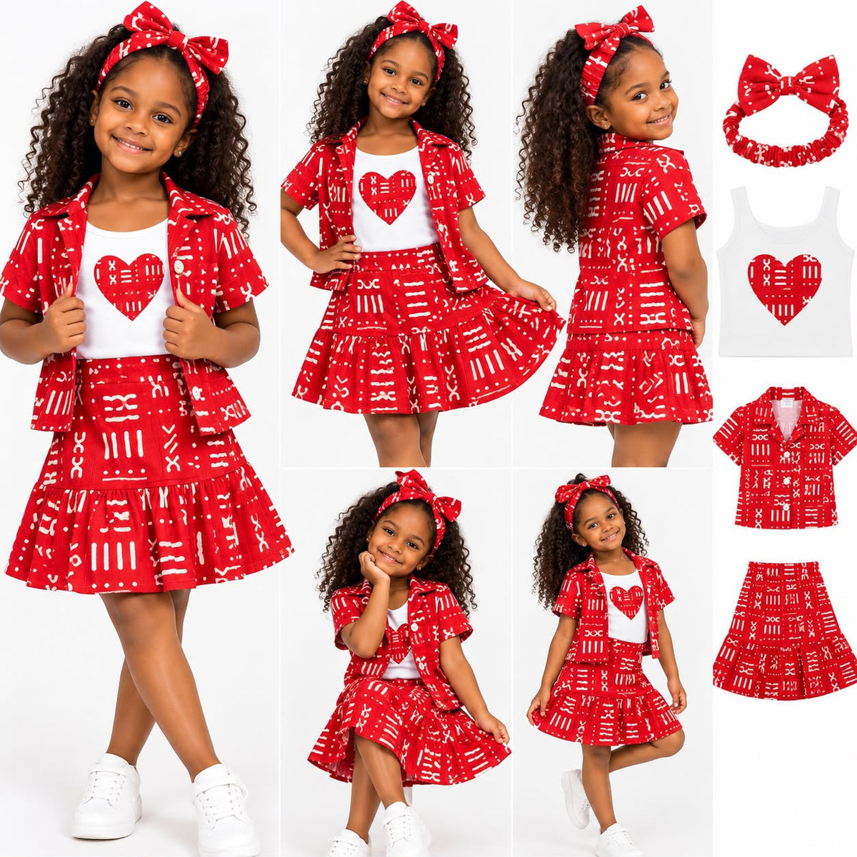 Girls' African Print 4-Piece Skirt Set – Matching Shirt, Heart Top & Bow Headband