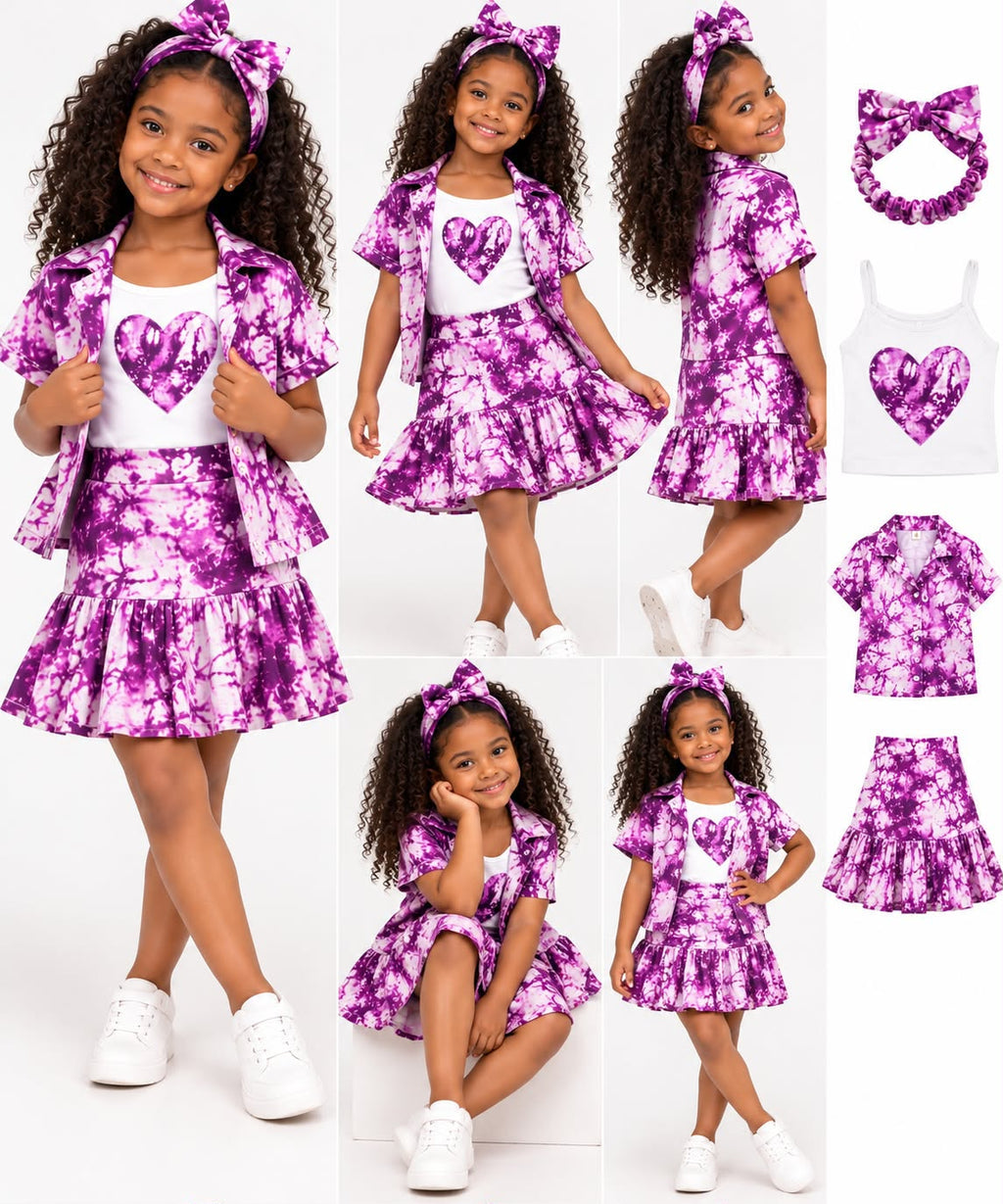 Girls' African Print 4-Piece Skirt Set – Matching Shirt, Heart Top & Bow Headband