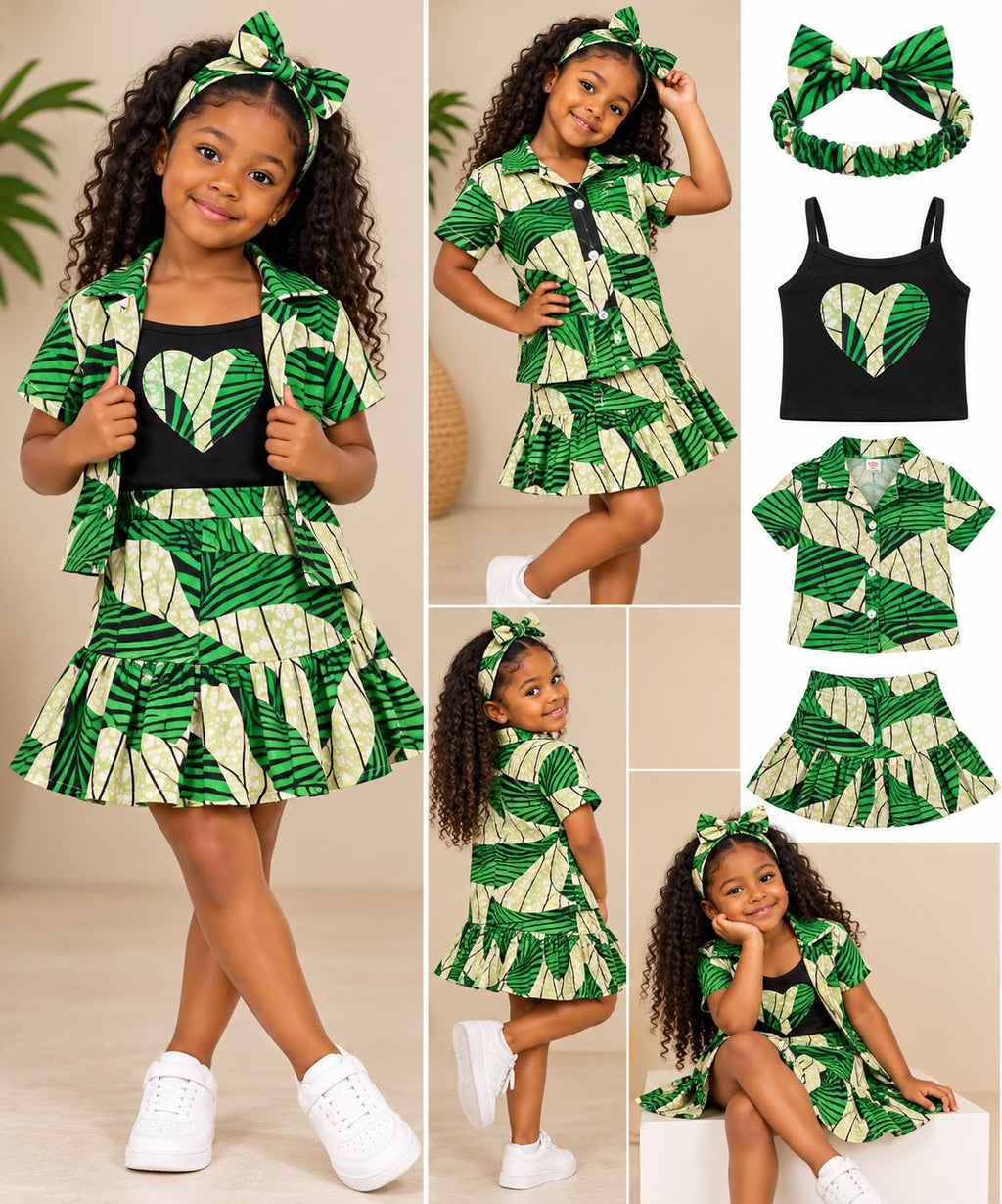 Girls' African Print 4-Piece Skirt Set – Matching Shirt, Heart Top & Bow Headband
