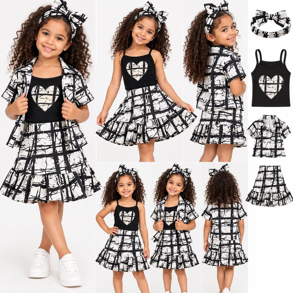 Girls' African Print 4-Piece Skirt Set – Matching Shirt, Heart Top & Bow Headband