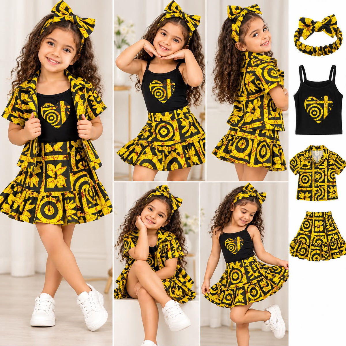 Girls' African Print 4-Piece Skirt Set – Matching Shirt, Heart Top & Bow Headband