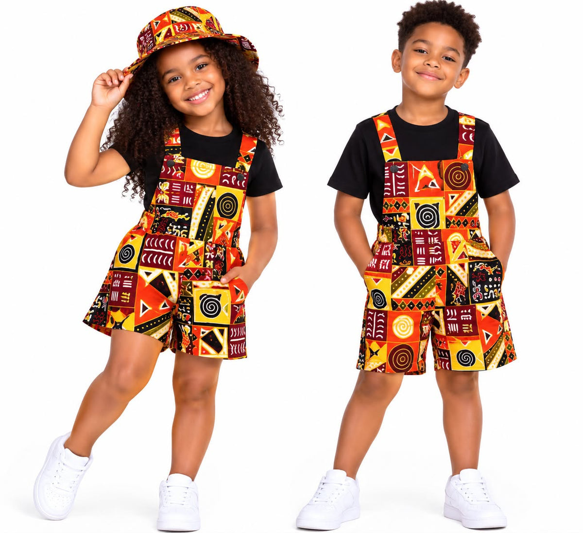 Kids African Print Short Overalls & Matching Bucket Hat Set – Unisex