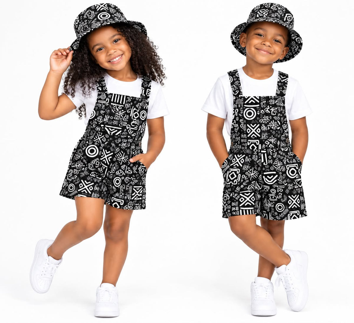 Kids African Print Short Overalls & Matching Bucket Hat Set – Unisex