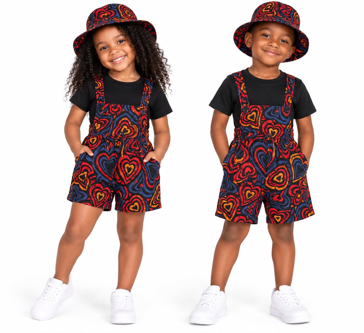 Kids African Print Short Overalls & Matching Bucket Hat Set – Unisex