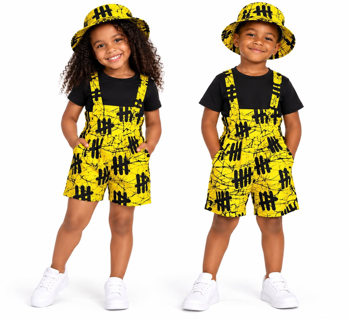 Kids African Print Short Overalls & Matching Bucket Hat Set – Unisex