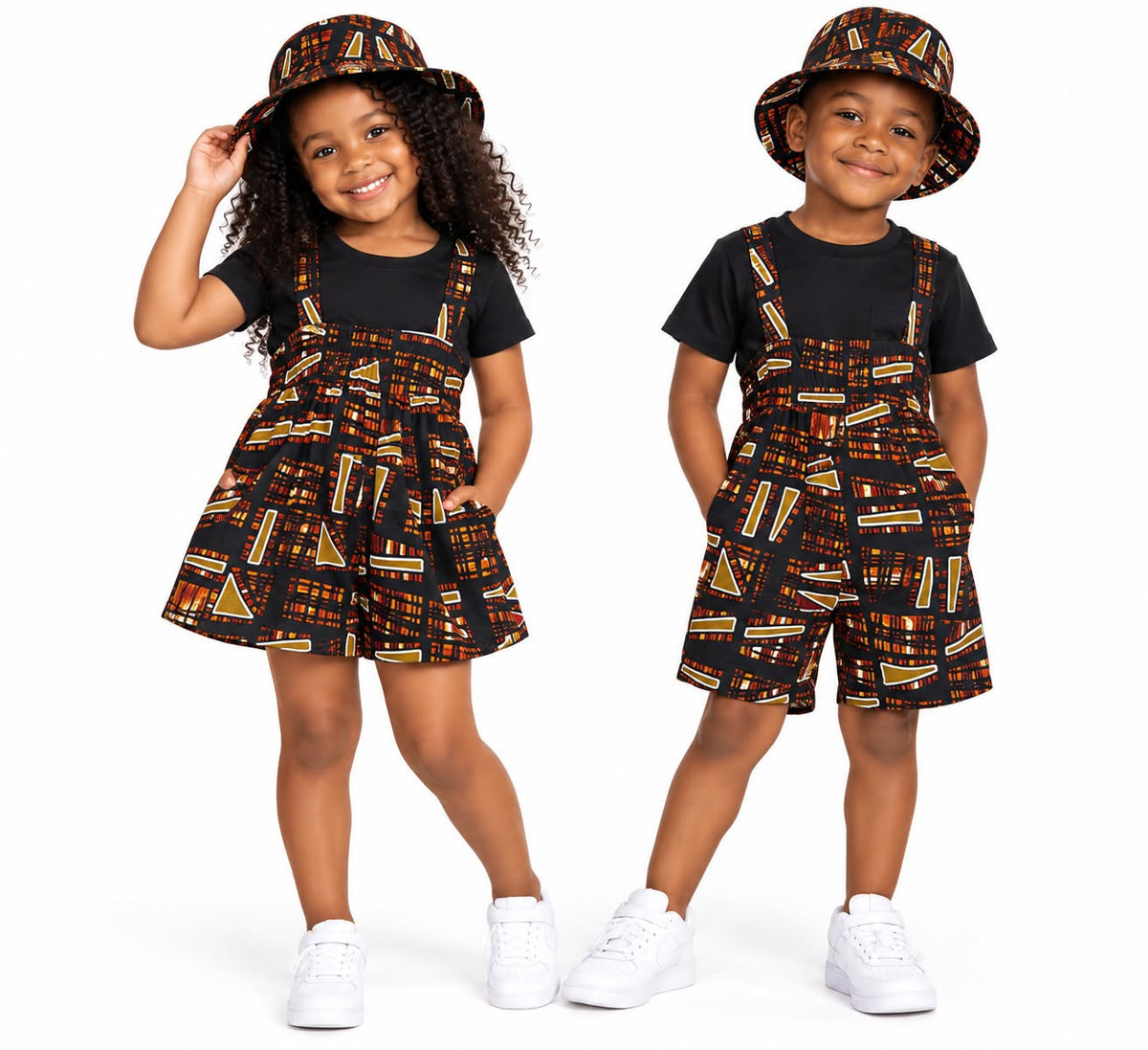 Kids African Print Short Overalls & Matching Bucket Hat Set – Unisex