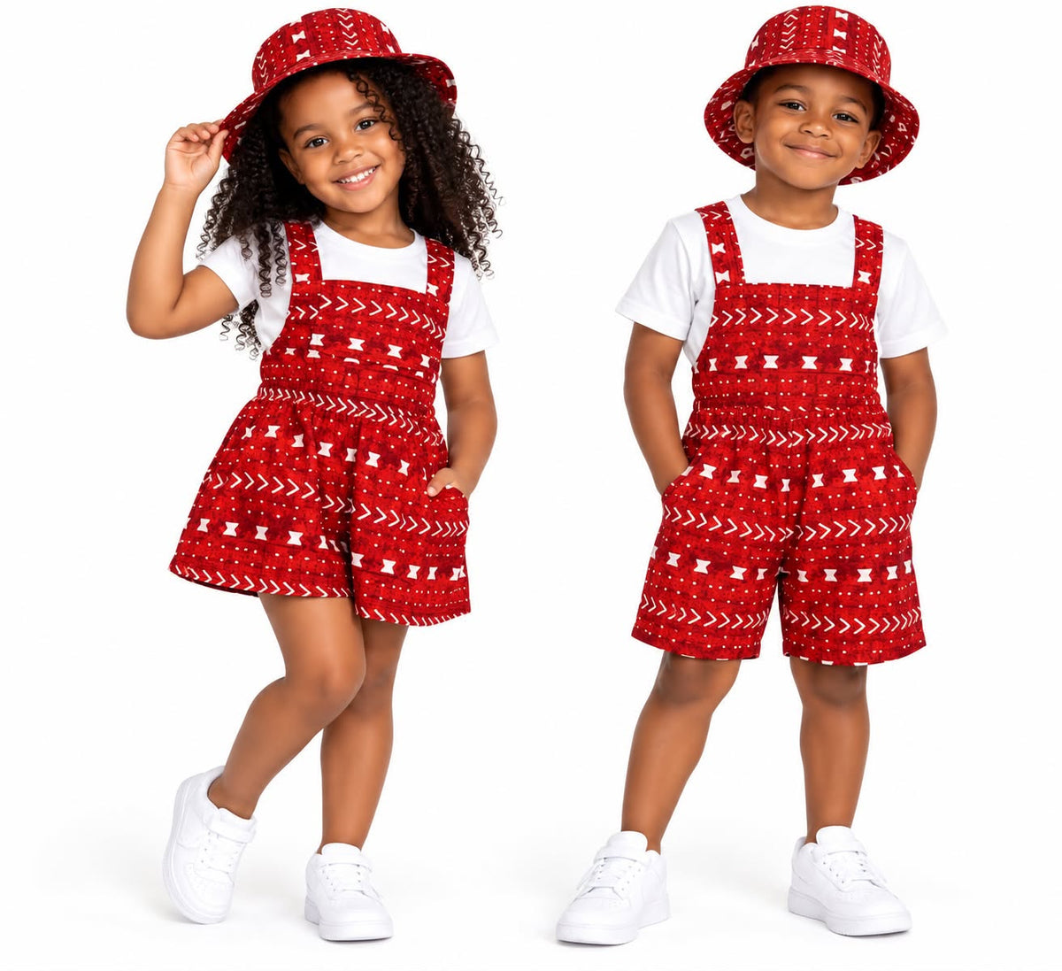 Kids African Print Short Overalls & Matching Bucket Hat Set – Unisex