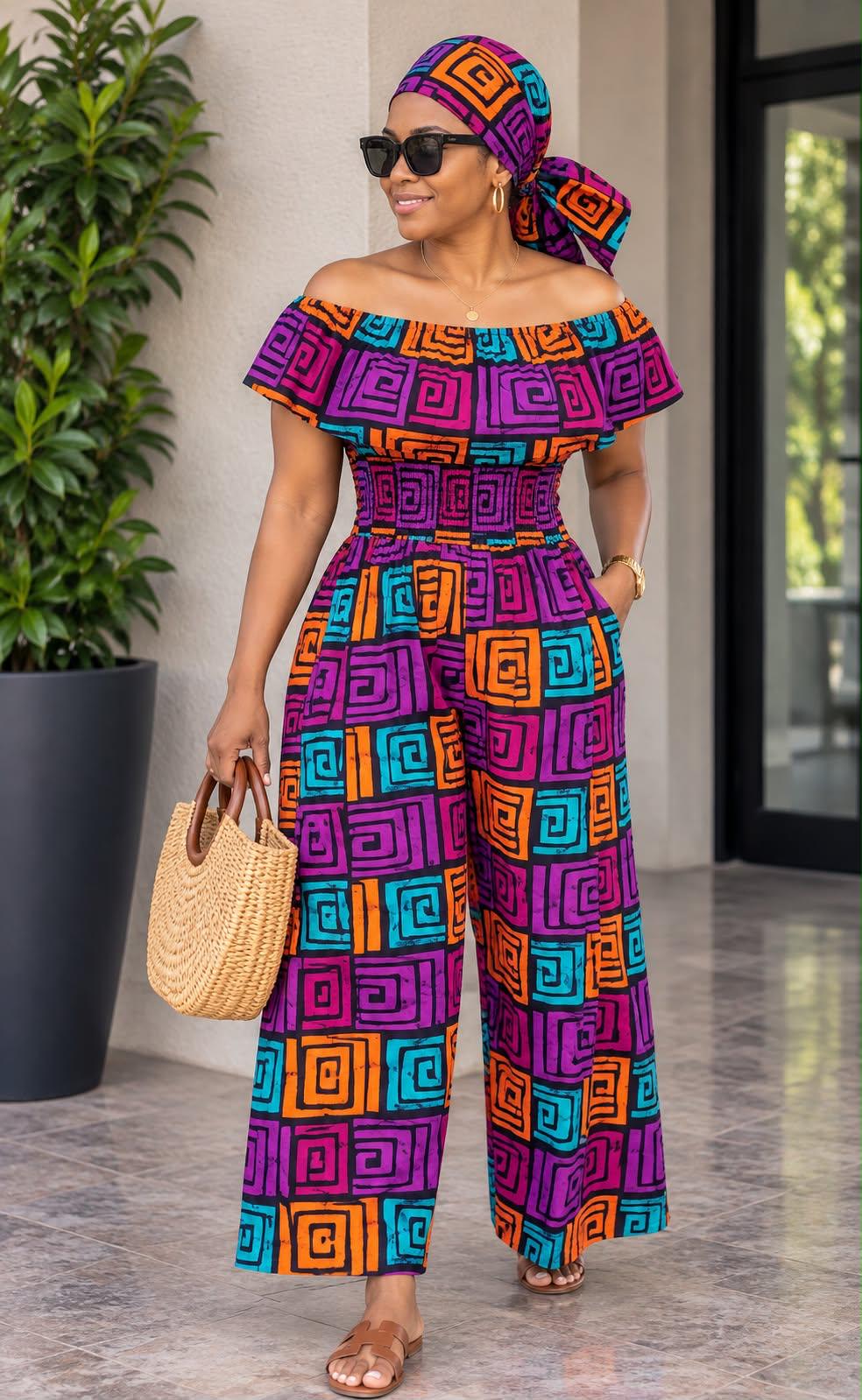Women's African Print Off-Shoulder Wide-Leg Jumpsuit – Smocked Waist Ruffle Romper
