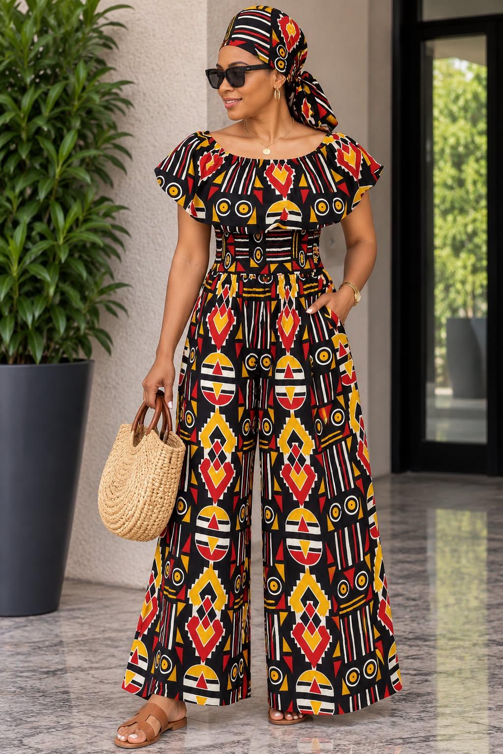 Women's African Print Off-Shoulder Wide-Leg Jumpsuit – Smocked Waist Ruffle Romper