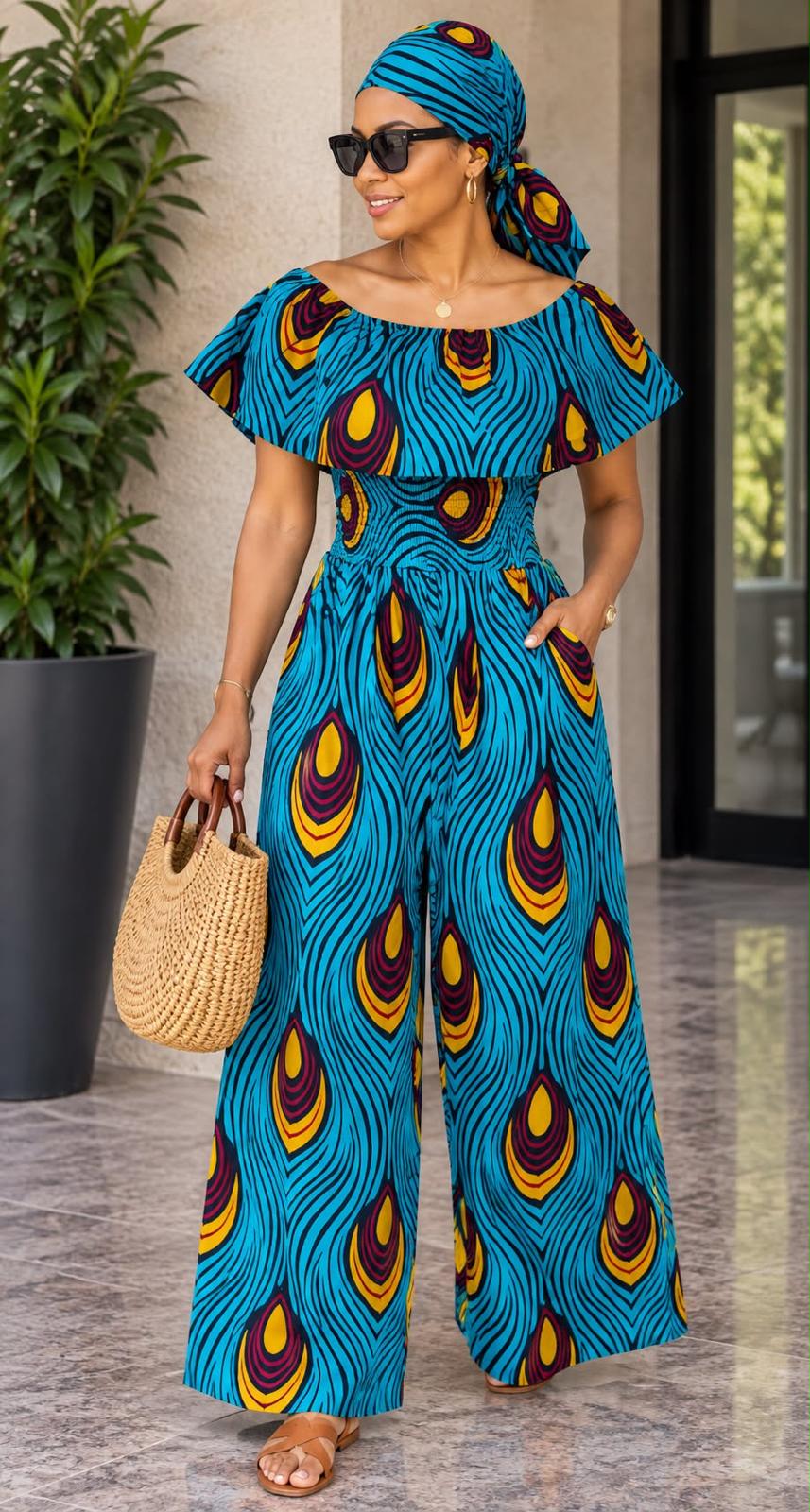 Women's African Print Off-Shoulder Wide-Leg Jumpsuit – Smocked Waist Ruffle Romper