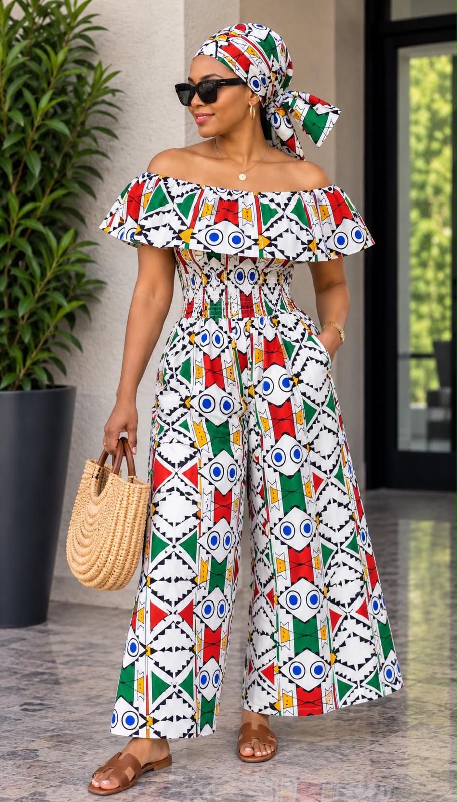 Women's African Print Off-Shoulder Wide-Leg Jumpsuit – Smocked Waist Ruffle Romper