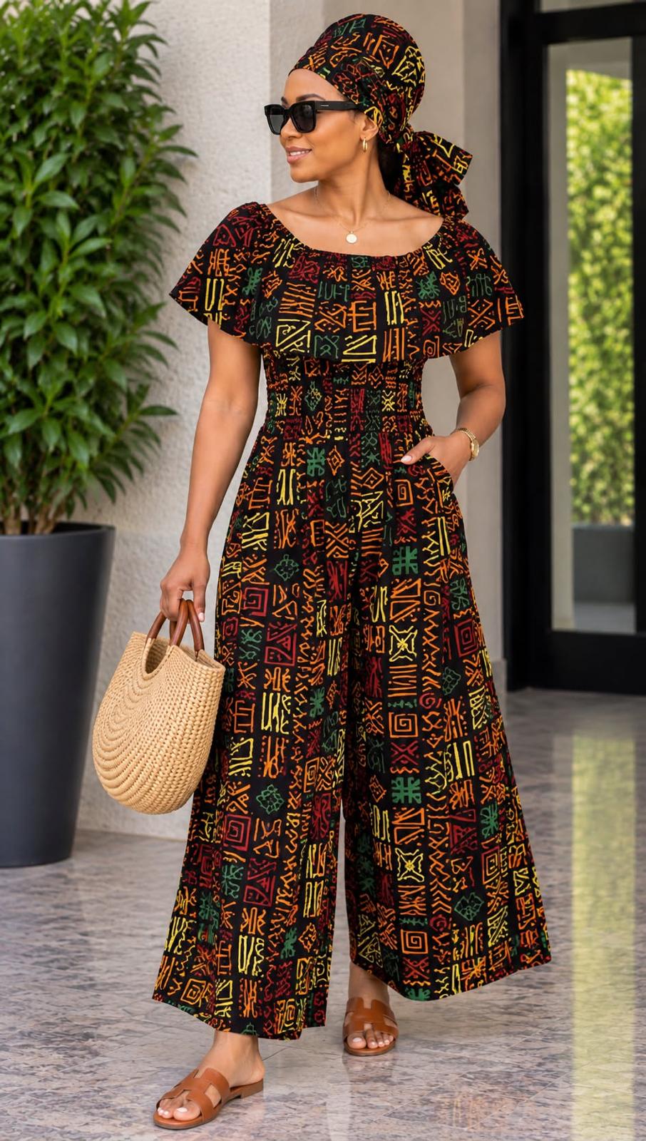 Women's African Print Off-Shoulder Wide-Leg Jumpsuit – Smocked Waist Ruffle Romper