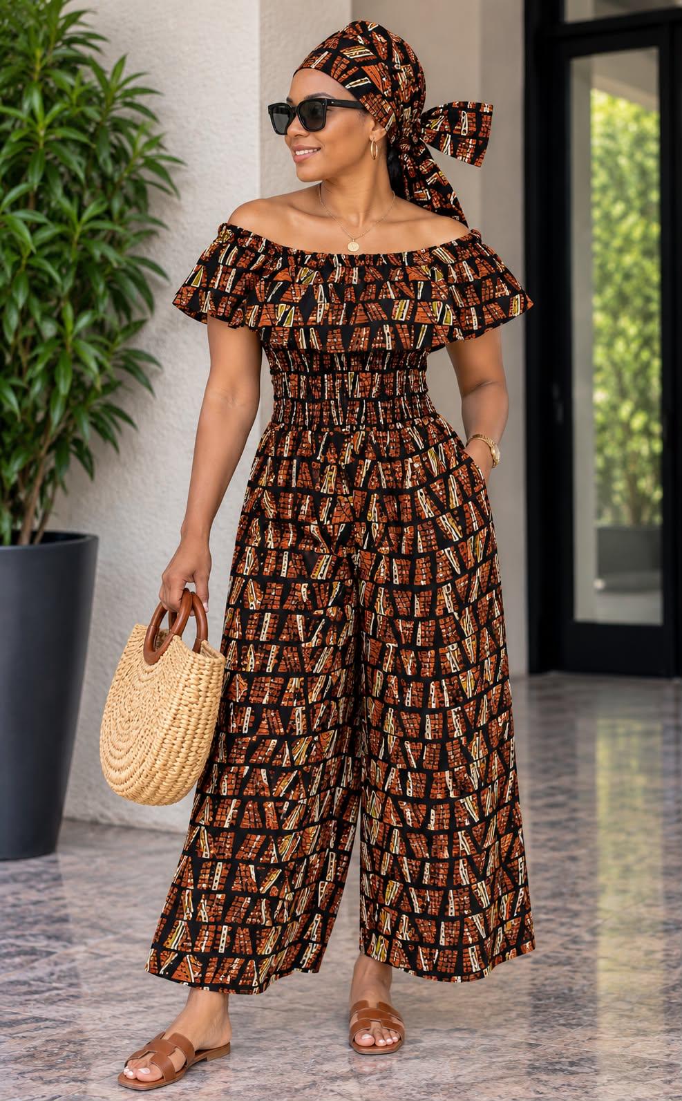 Women's African Print Off-Shoulder Wide-Leg Jumpsuit – Smocked Waist Ruffle Romper