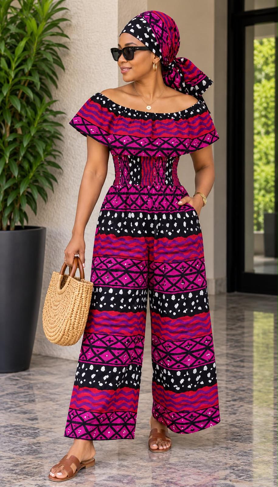 Women's African Print Off-Shoulder Wide-Leg Jumpsuit – Smocked Waist Ruffle Romper