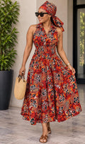 Women's African Print Smocked Waist Midi Dress – Sleeveless Collared Flare Dress