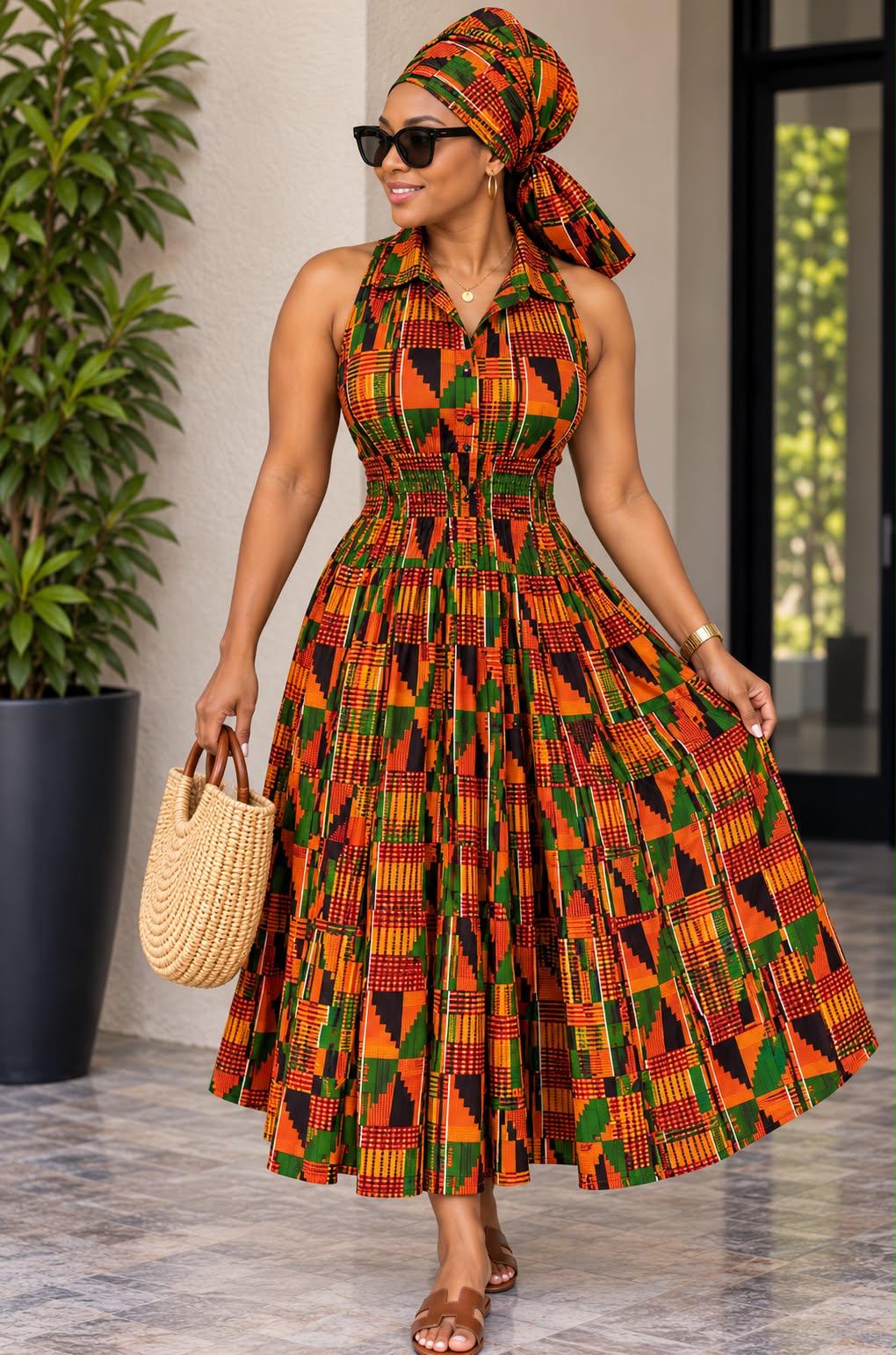 Women's African Print Smocked Waist Midi Dress – Sleeveless Collared Flare Dress