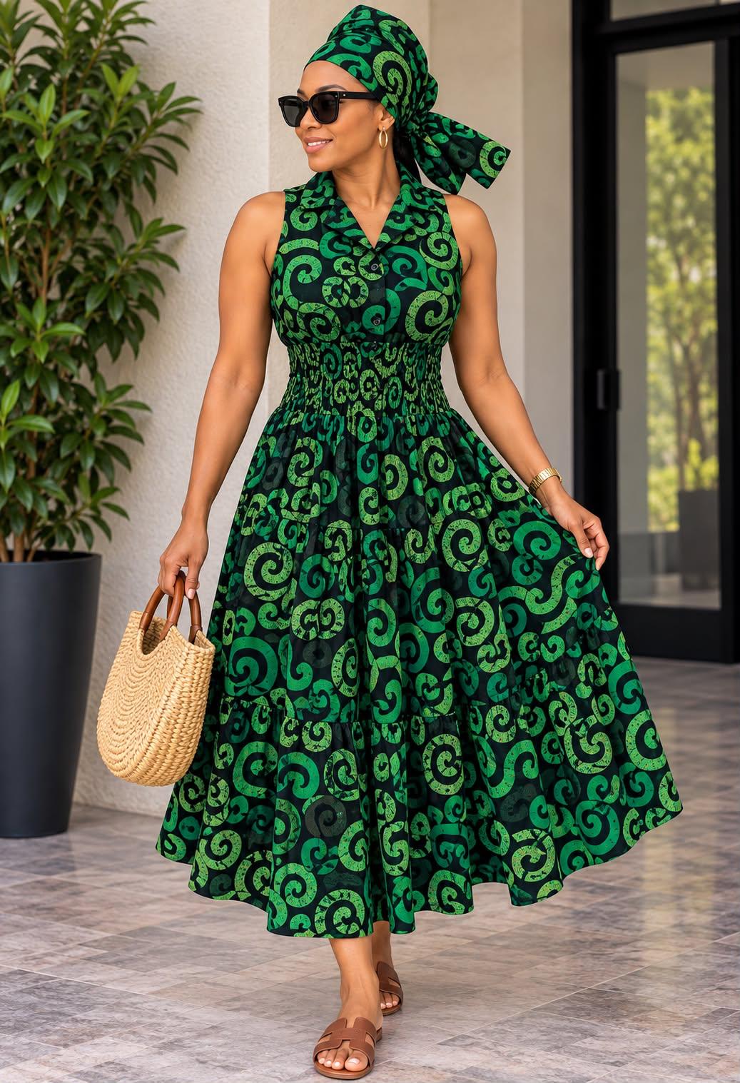 Women's African Print Smocked Waist Midi Dress – Sleeveless Collared Flare Dress