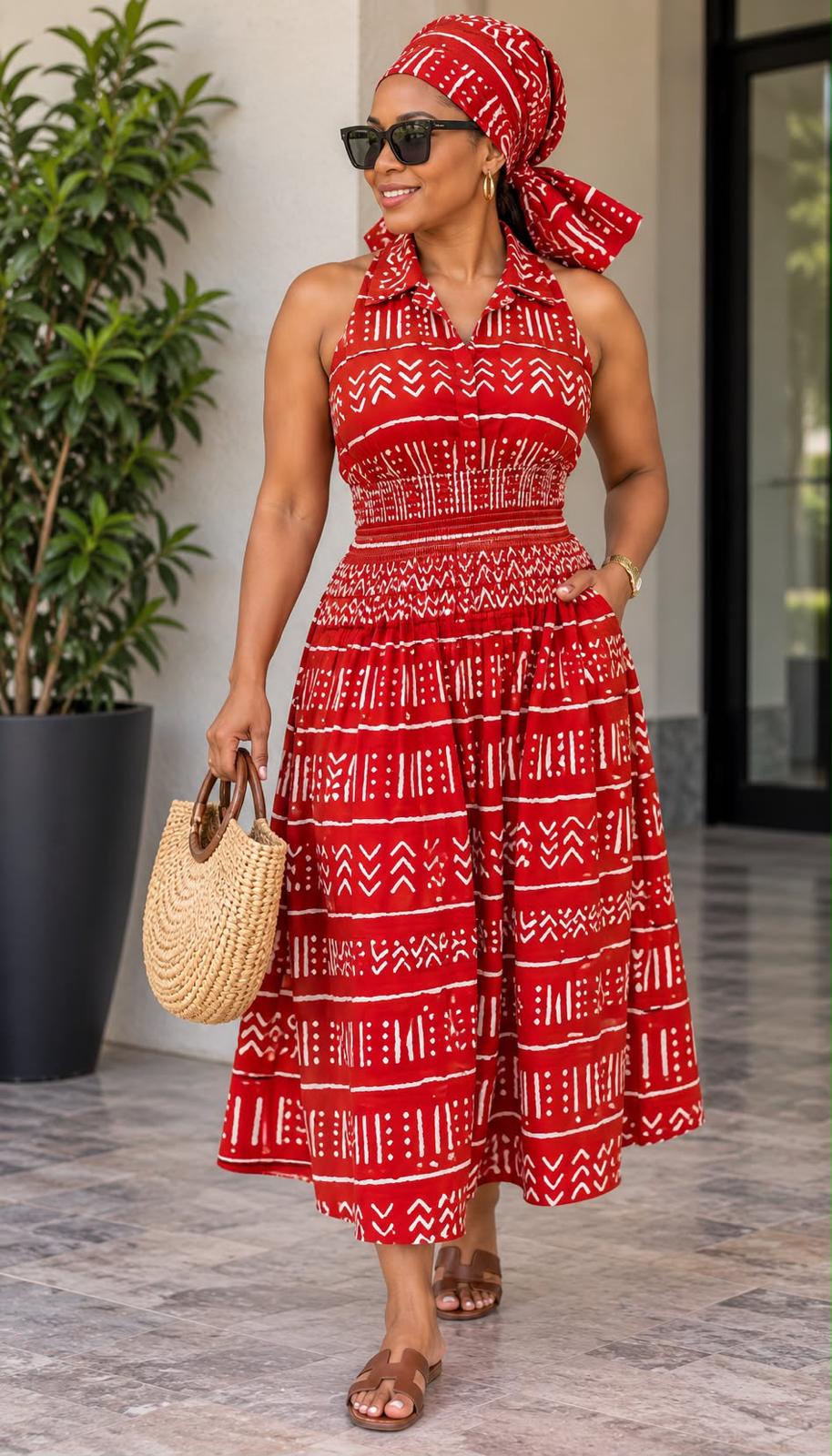 Women's African Print Smocked Waist Midi Dress – Sleeveless Collared Flare Dress