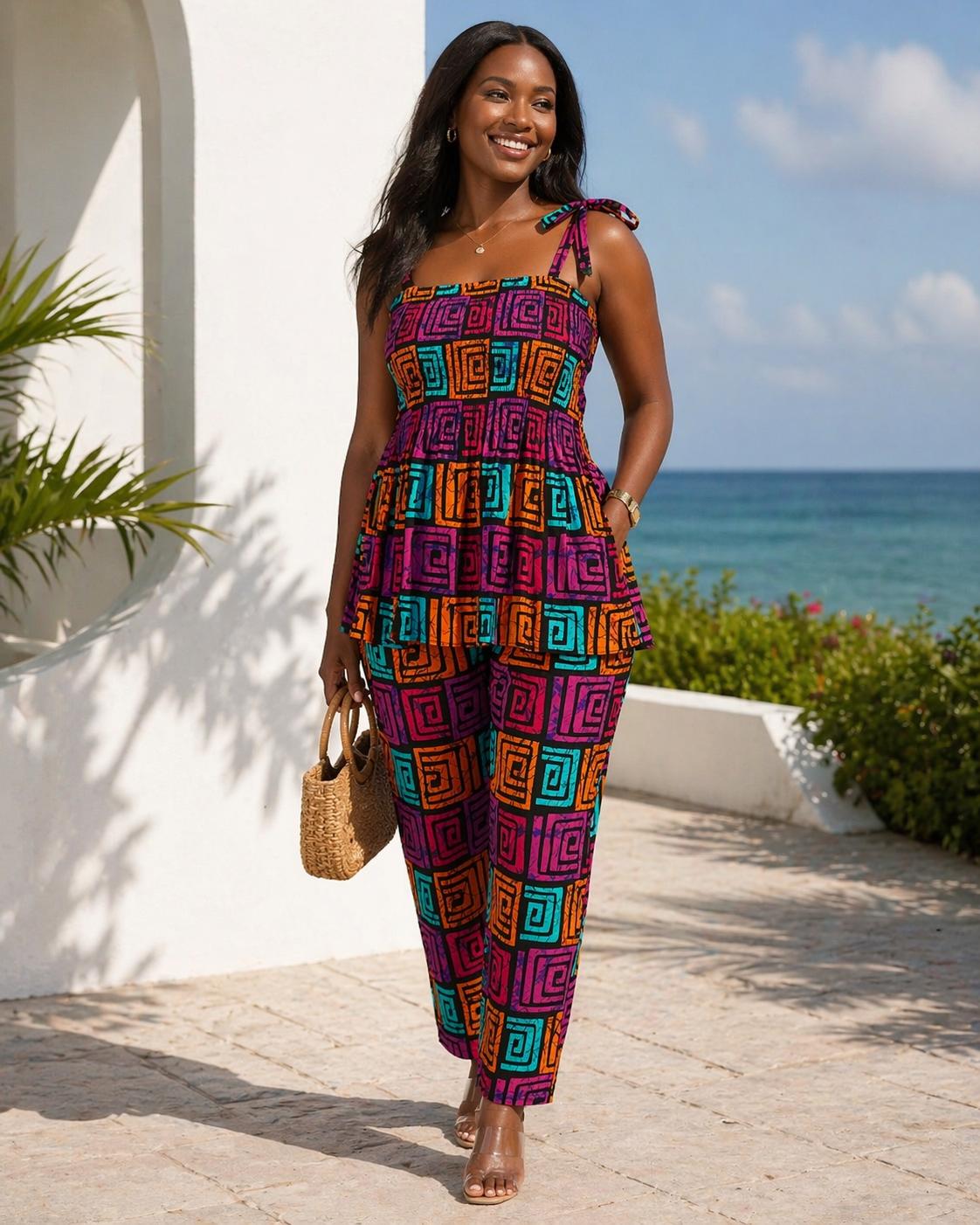 Sleeveless Tie-Strap Peplum Top  And Pant Set With Head Wrap
