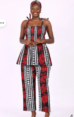 Sleeveless Tie-Strap Peplum Top  And Pant Set With Head Wrap