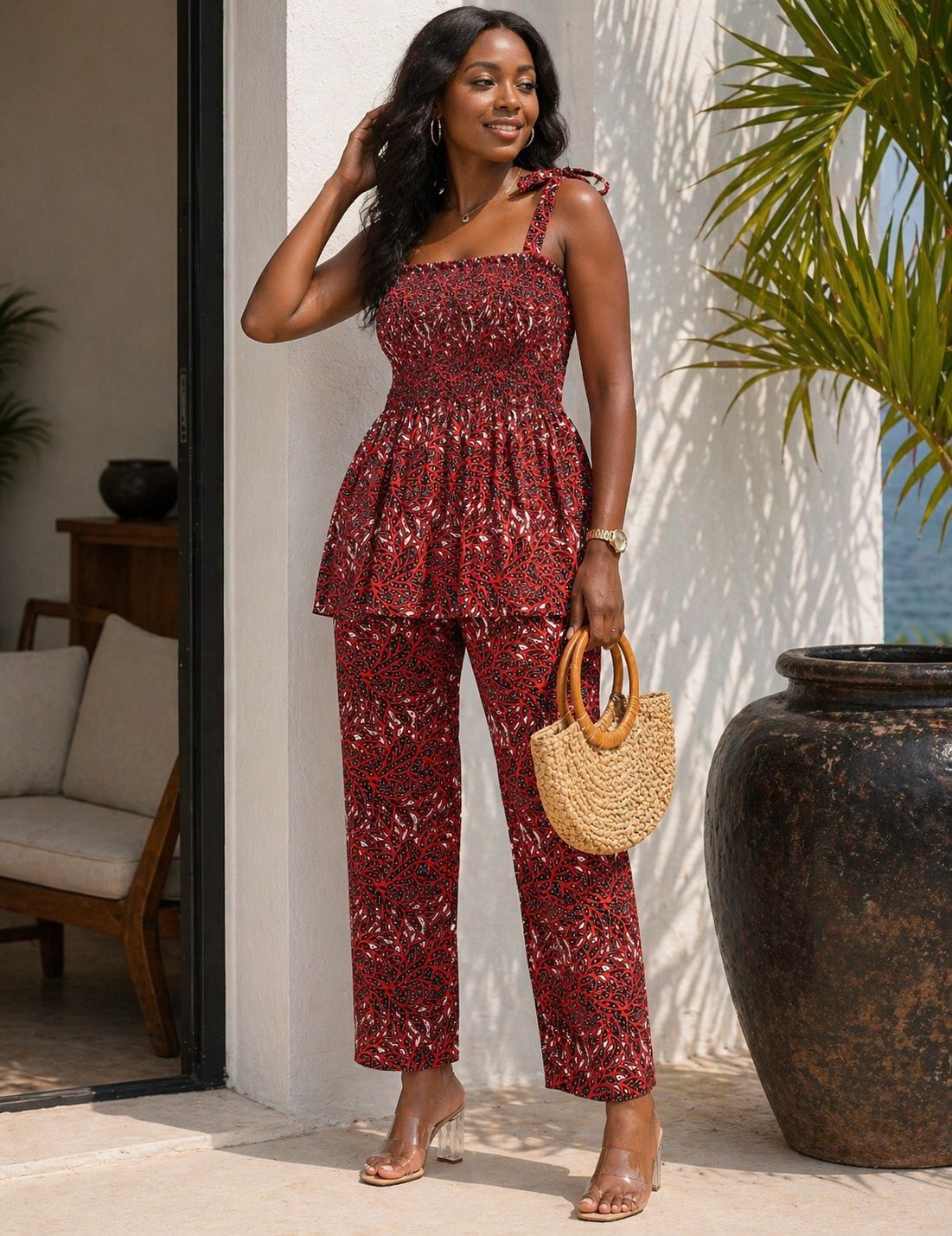 Sleeveless Tie-Strap Peplum Top  And Pant Set With Head Wrap