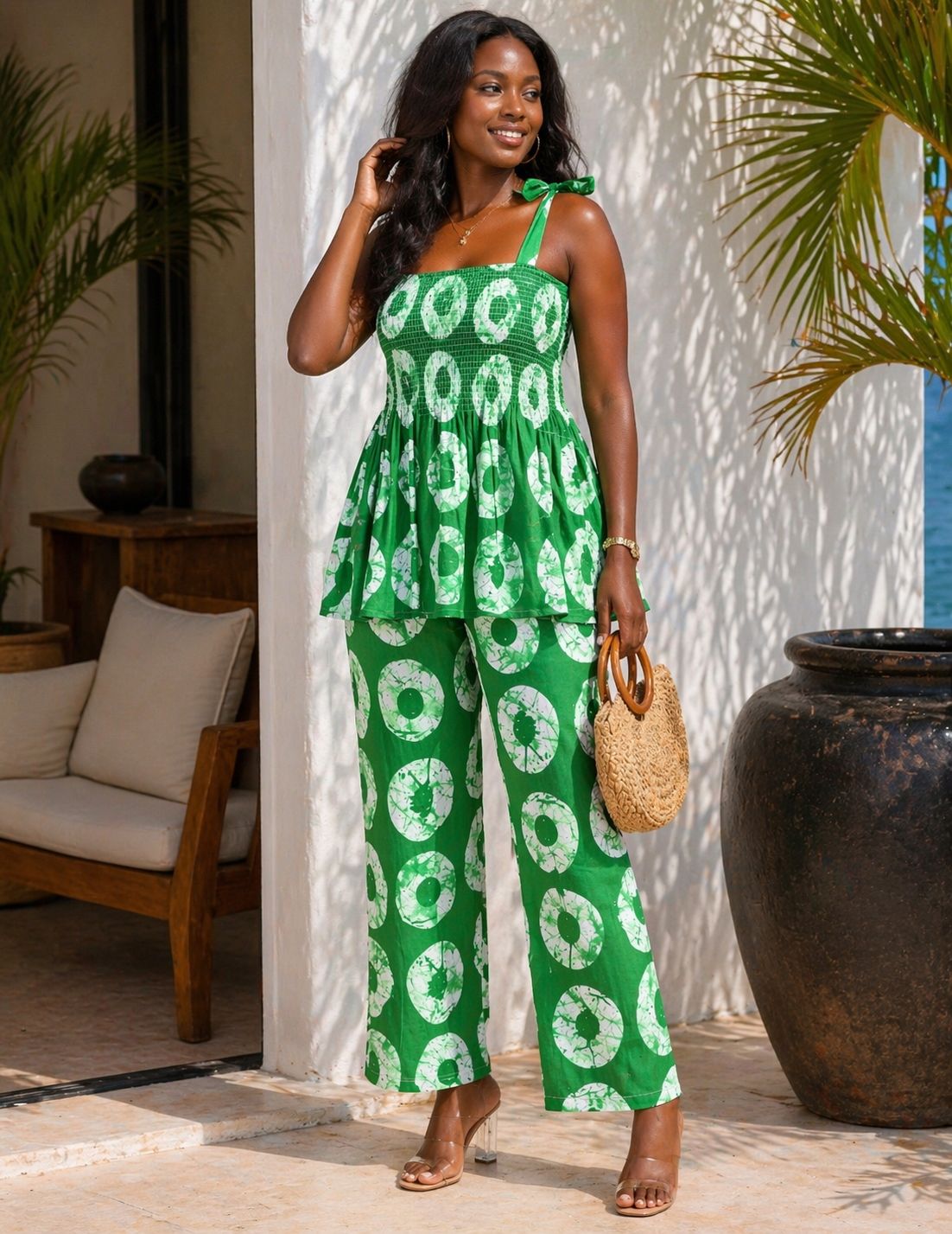 Sleeveless Tie-Strap Peplum Top  And Pant Set With Head Wrap