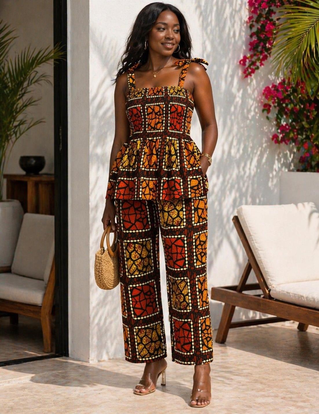 Sleeveless Tie-Strap Peplum Top  And Pant Set With Head Wrap