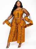 Women's African Print 4-Piece Wide-Leg Pant Set with Sheer Lace Cover-Up & Head Wrap