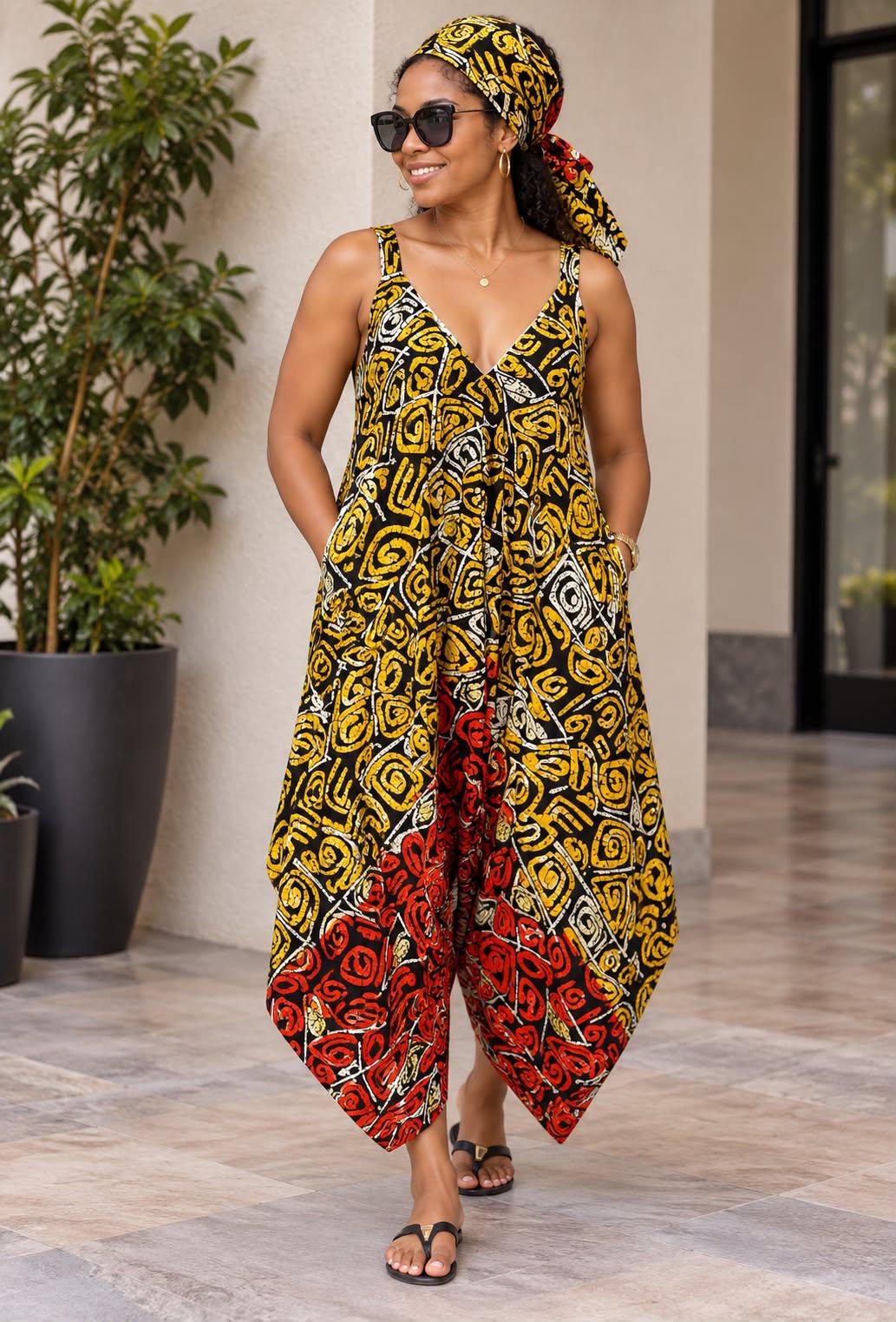 Women's Boho African Print Sleeveless Jumpsuit – Relaxed Fit with Pockets & Headscarf