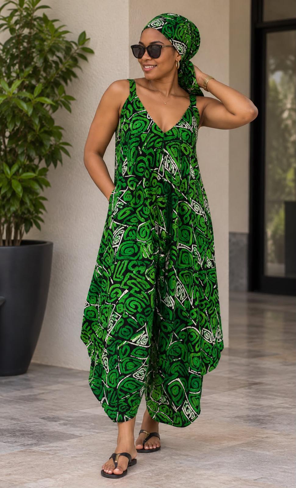 Women's Boho African Print Sleeveless Jumpsuit – Relaxed Fit with Pockets & Headscarf