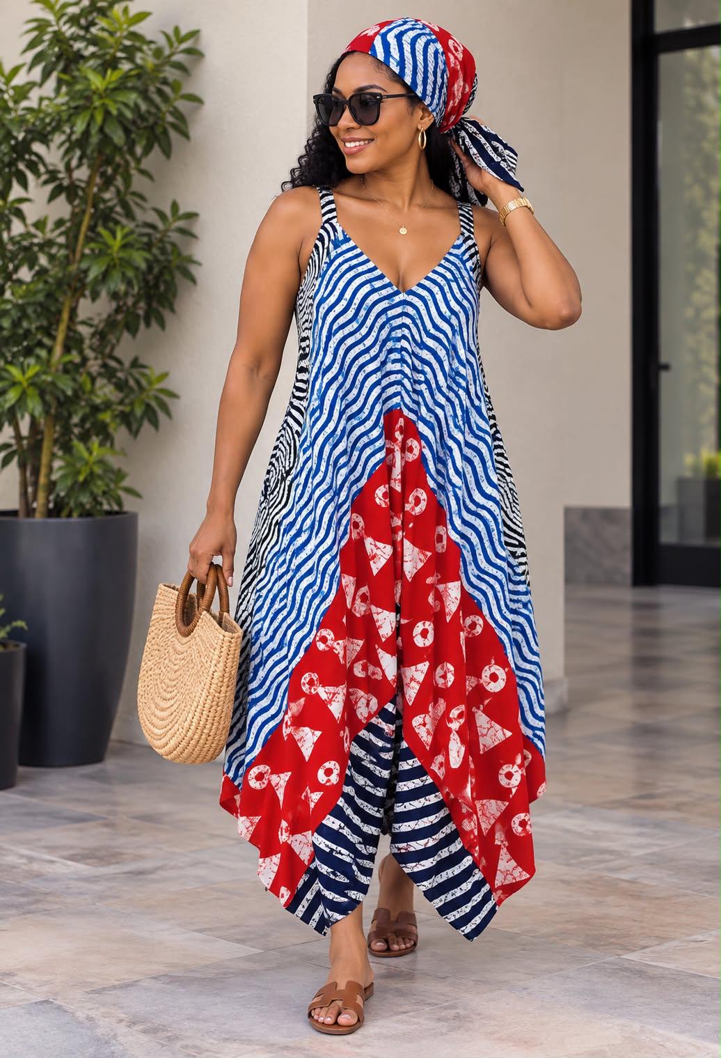 Women's Boho African Print Sleeveless Jumpsuit – Relaxed Fit with Pockets & Headscarf