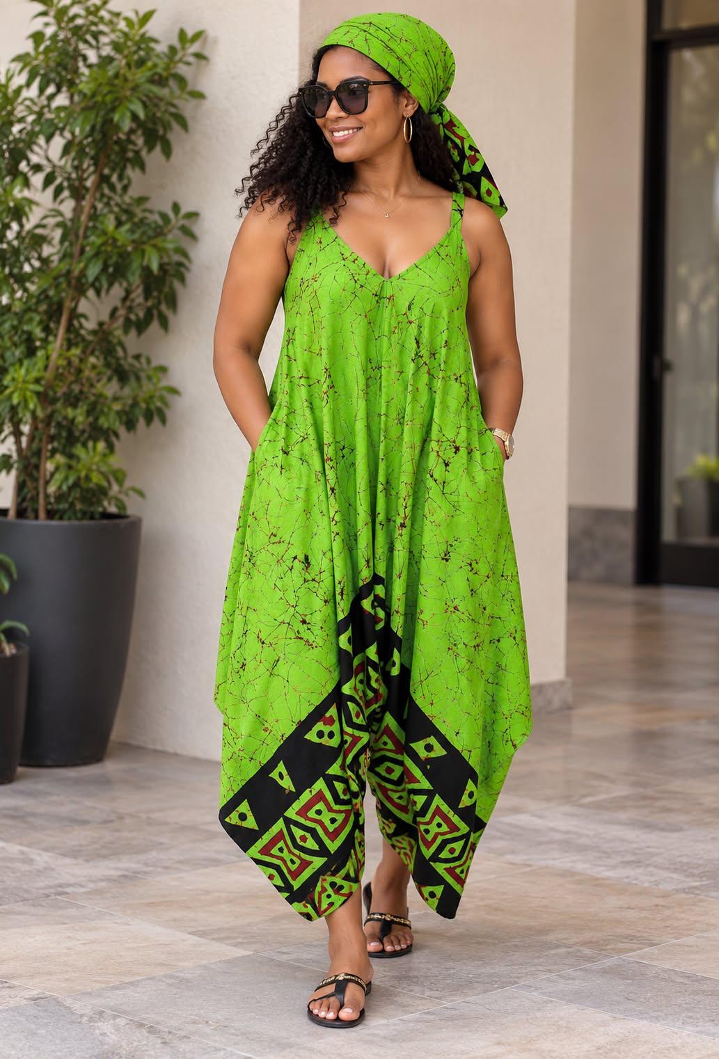 Women's Boho African Print Sleeveless Jumpsuit – Relaxed Fit with Pockets & Headscarf