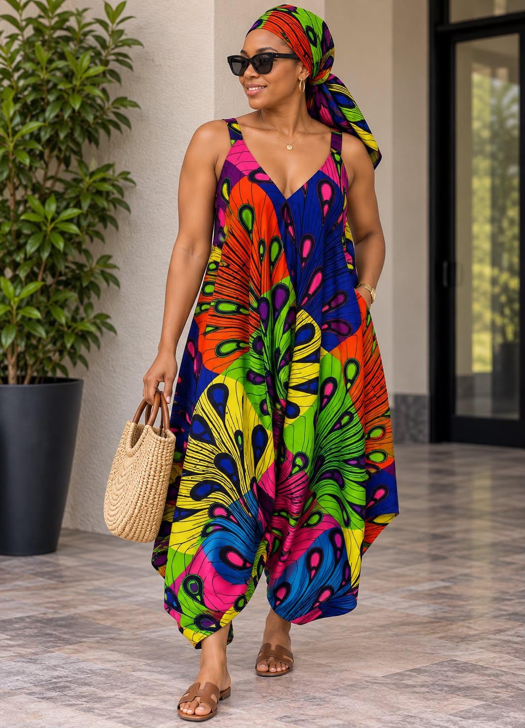 Women's Boho African Print Sleeveless Jumpsuit – Relaxed Fit with Pockets & Headscarf
