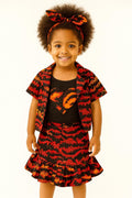 Girls' African Print 4-Piece Skirt Set – Matching Shirt, Heart Top & Bow Headband