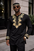 Mens  Black Embroidery Long Sleeve Top With Kufi Hat