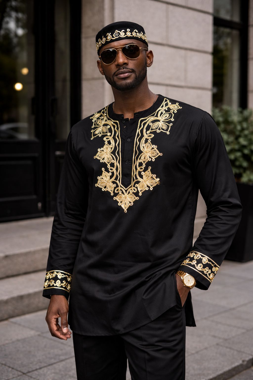 Mens  Black Embroidery Long Sleeve Top With Kufi Hat