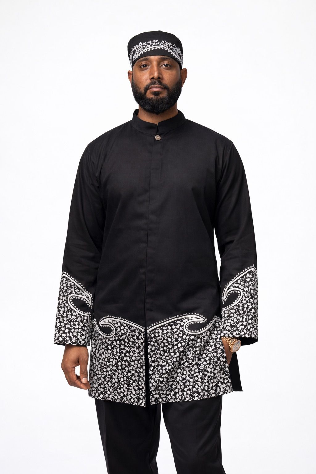 Mens Black Embroidery Long Sleeve Shirt With Kufi Hat