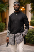 Mens Black Embroidery Long Sleeve Shirt With Kufi Hat