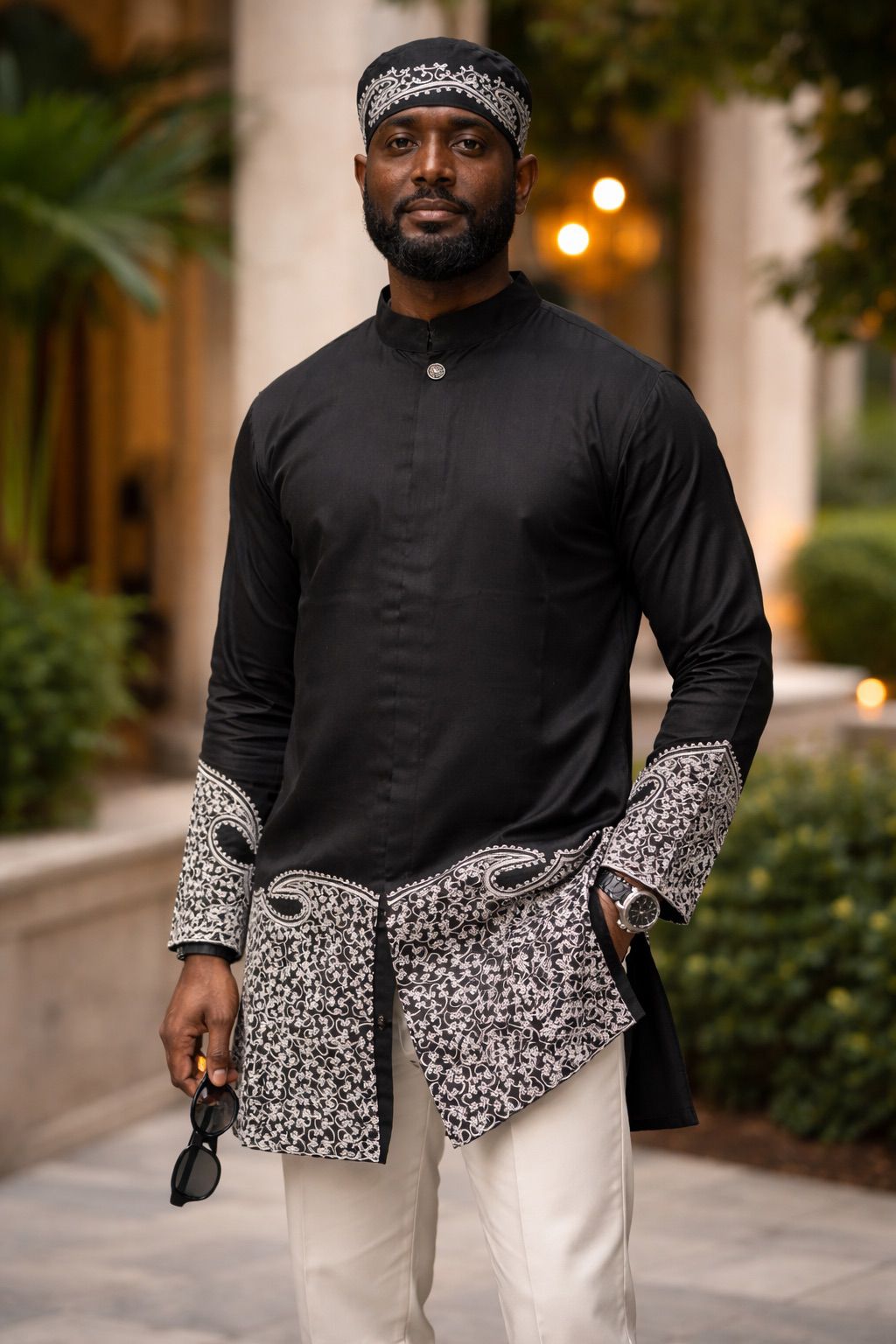 Mens Black Embroidery Long Sleeve Shirt With Kufi Hat