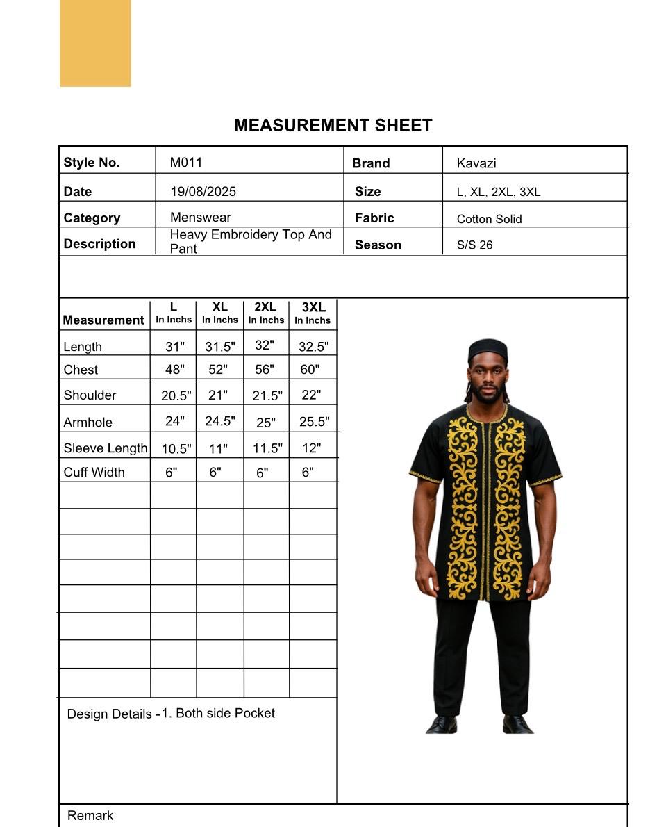 Men'S Black Embroidery Short Sleeve Shirt With Pant And Kufi Hat