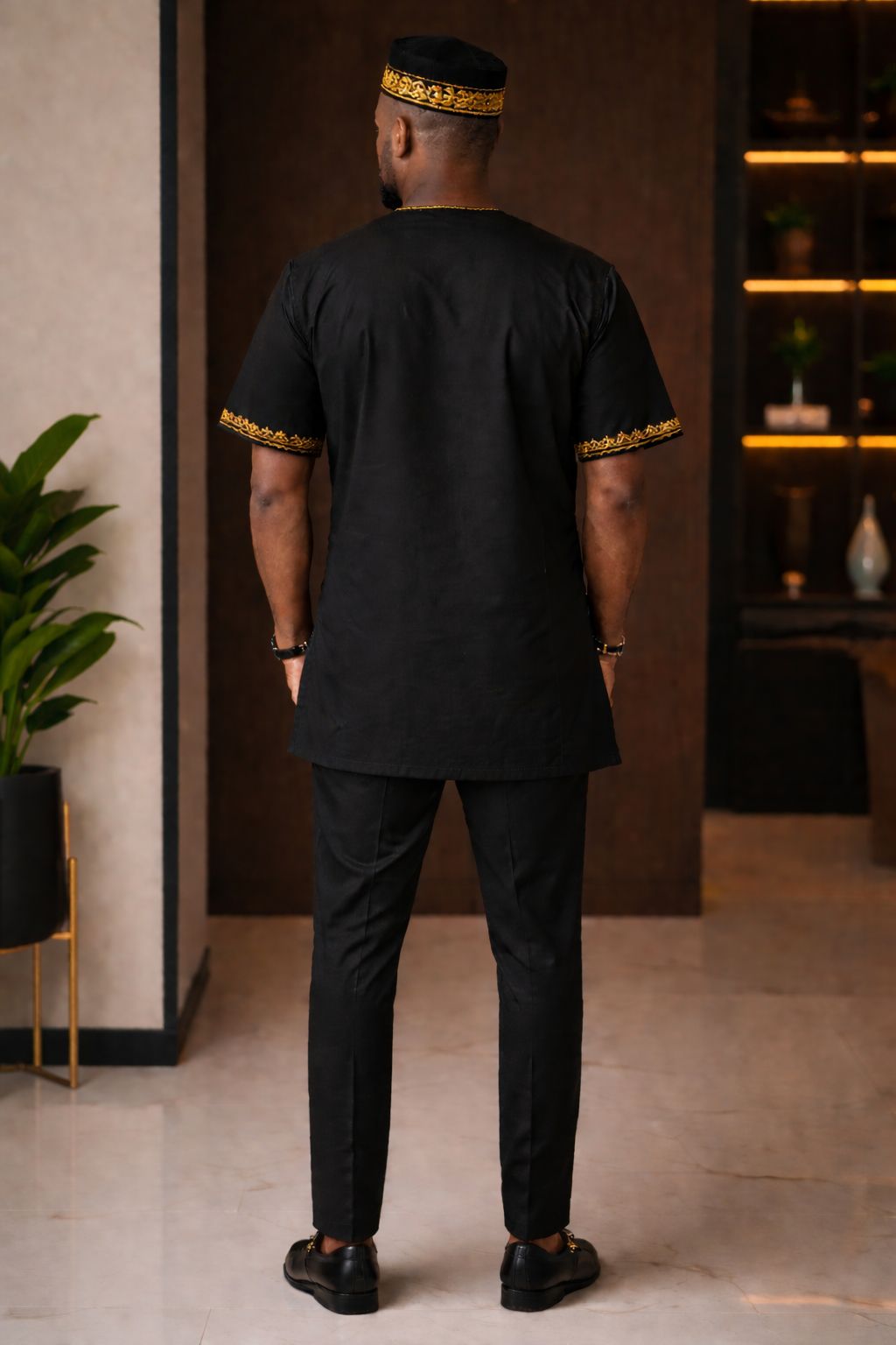 Men'S Black Embroidery Short Sleeve Shirt With Pant And Kufi Hat